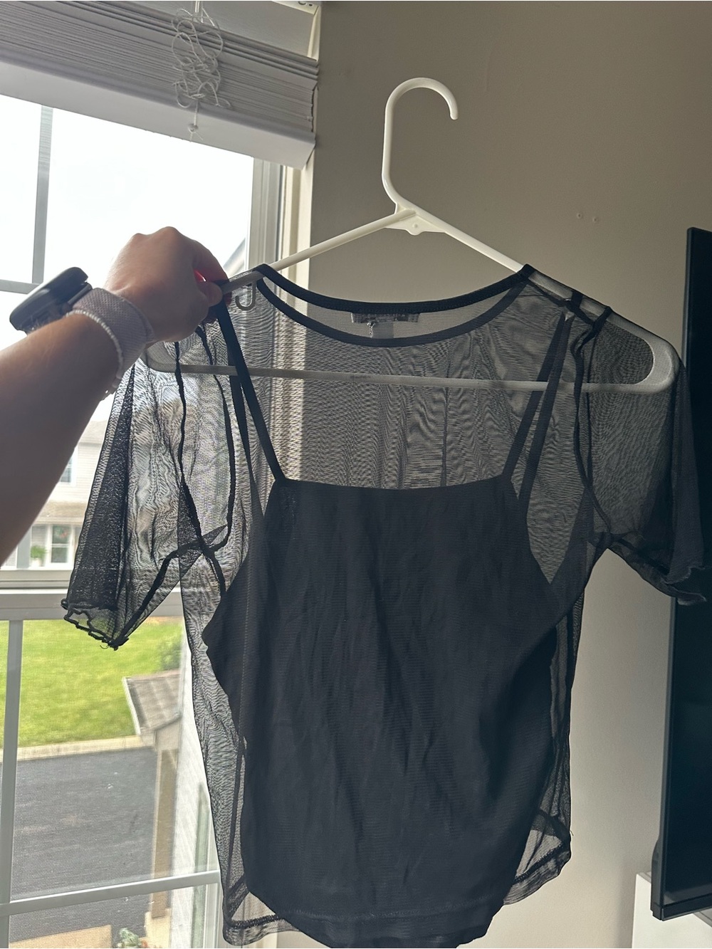 American Eagle Outfitters Black Sheer Mesh Short Sleeve Tee with Camisole